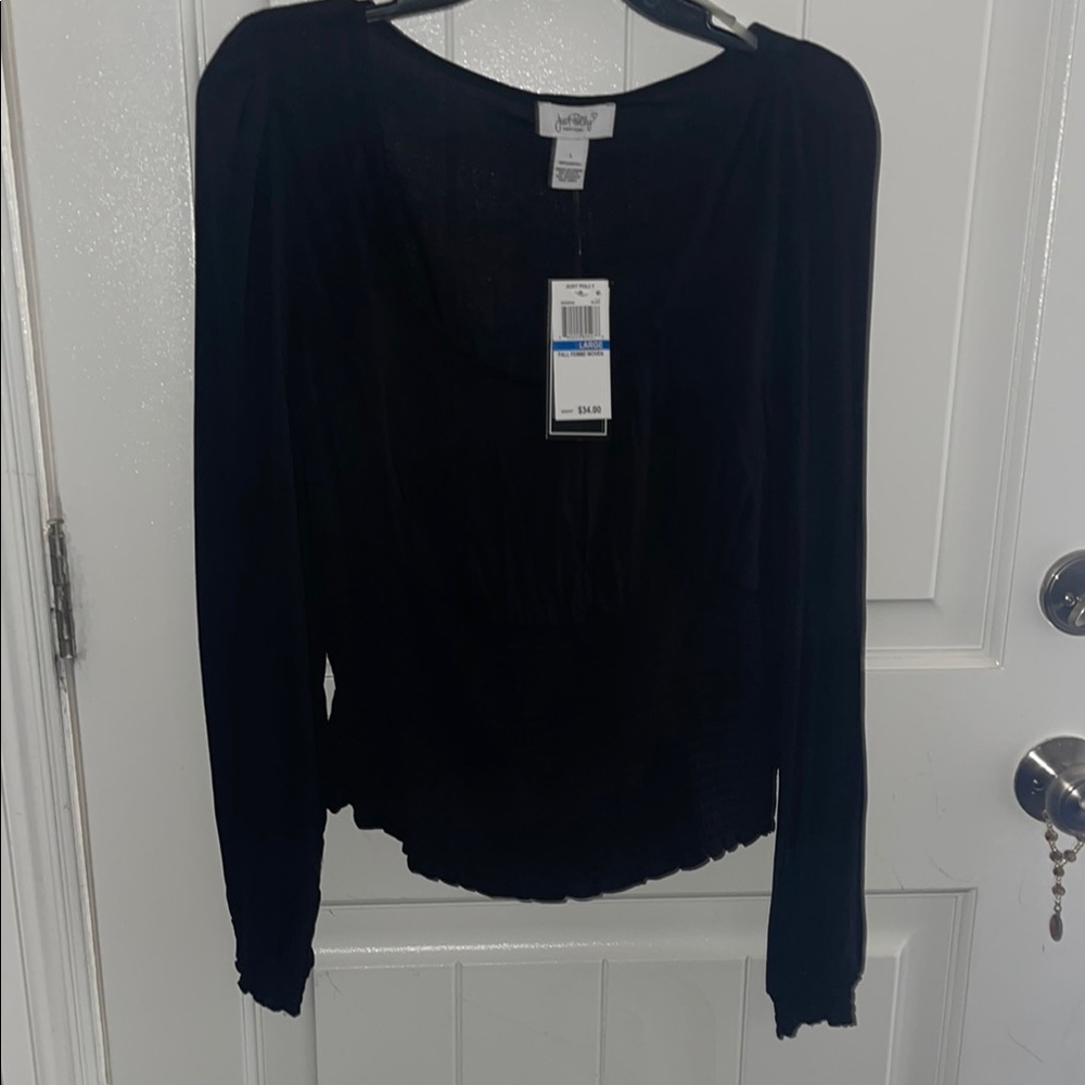 Black Ribbed Fitted Long Sleeve Blouse